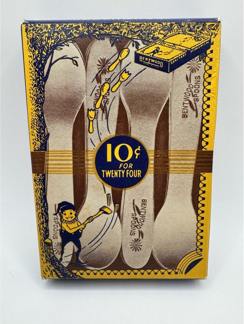 Bentwood Spoons Box w/12 Spoons Antique Sanitary Economical Elf Graphic